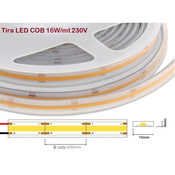 Tira LED 230V monocolor 16W/mt COB IP67 10x4mm corte cada 100mm, Bobina 20mts x 16,00€/m